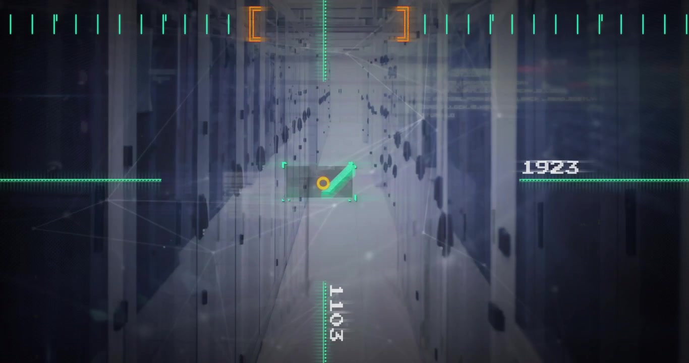 Sovrapposizione HUD digitale che scansiona un corridoio di sala server.