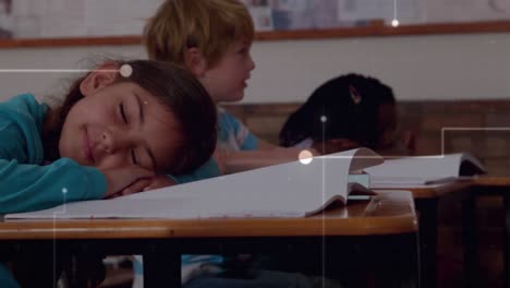 Animación-De-Red-De-Conexiones-Sobre-Niña-Caucásica-Durmiendo-En-Clase-En-La-Escuela