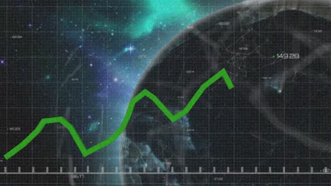 Animation-of-financial-data-processing-with-green-line-over-globe