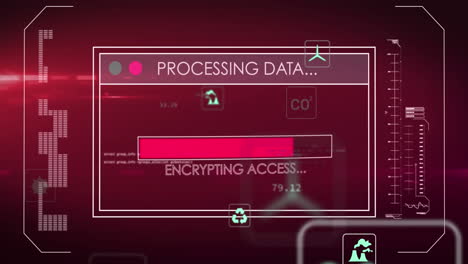 animation of multiple digital icons over interface with data processing against red background