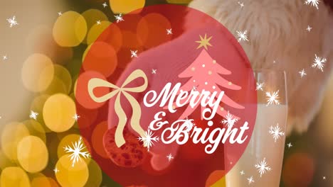 animation of merry and bright text over snow falling and santa claus holding cookie at christmas