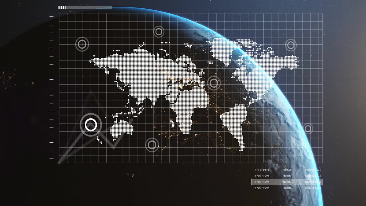 Animation of data processing and statistics with world map over globe