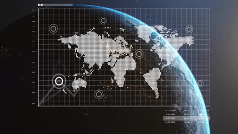 animation of data processing and statistics with world map over globe