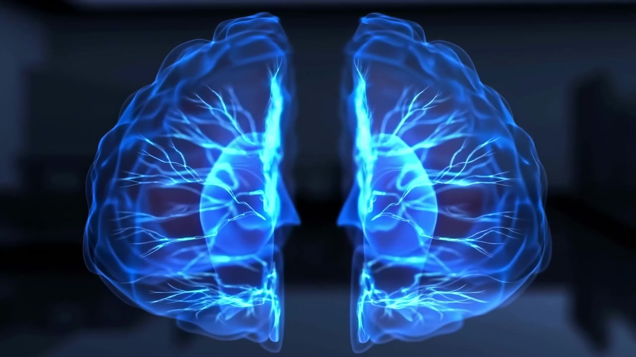 Sähkönsininen valaistus siirtyy läpinäkyvän aivomallin läpi, kun hienot haarautuvat viivat kirkastuvat vasemmalla ja oikealla aivopuoliskolla, ja symmetrinen anatomia on rajattu tiukasti tummaa taustaa vasten