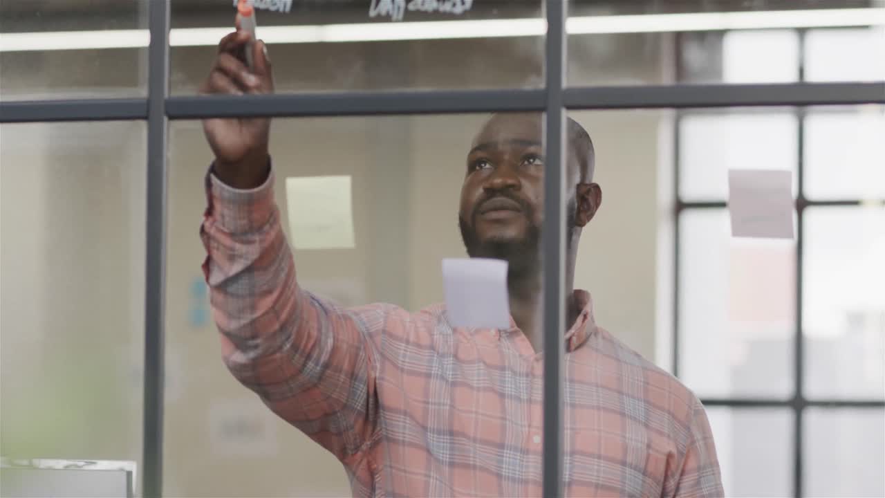 Homme d'affaires afro-américain décontracté faisant un brainstorming et écrivant sur un mur de verre au bureau, au ralenti.