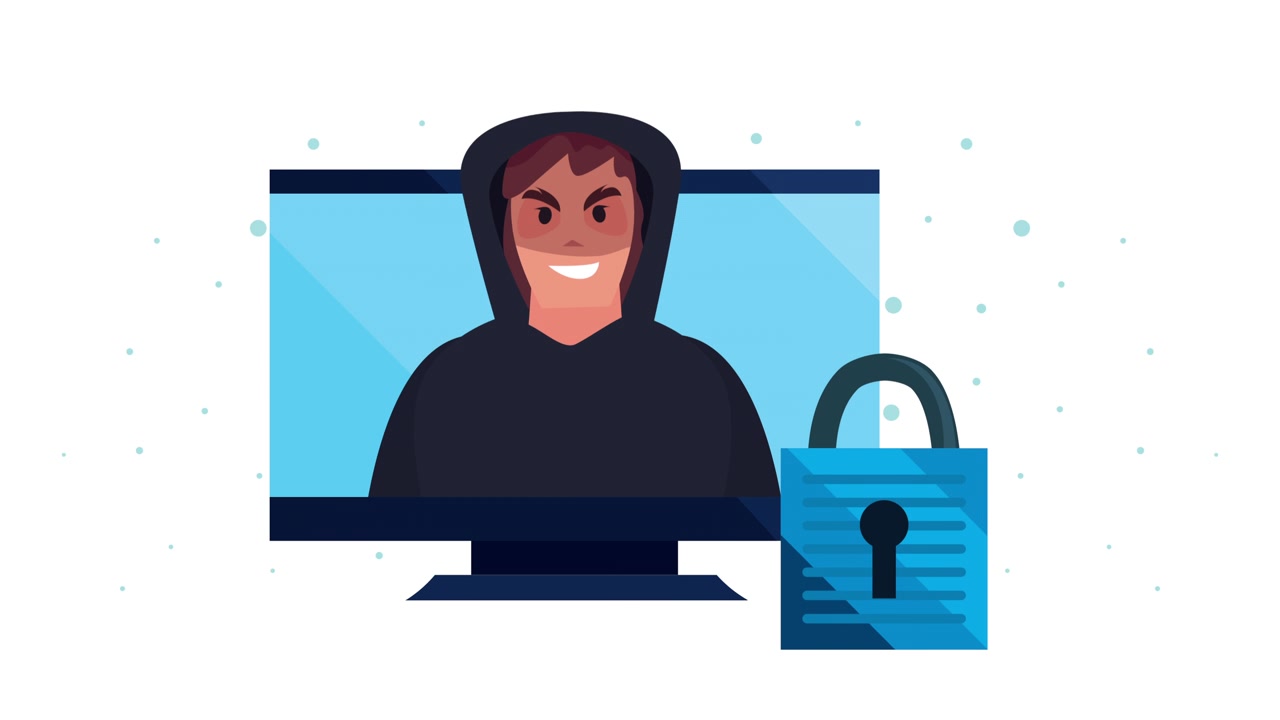 Animazione di dati sulla sicurezza con hacker nel desktop e lucchetto