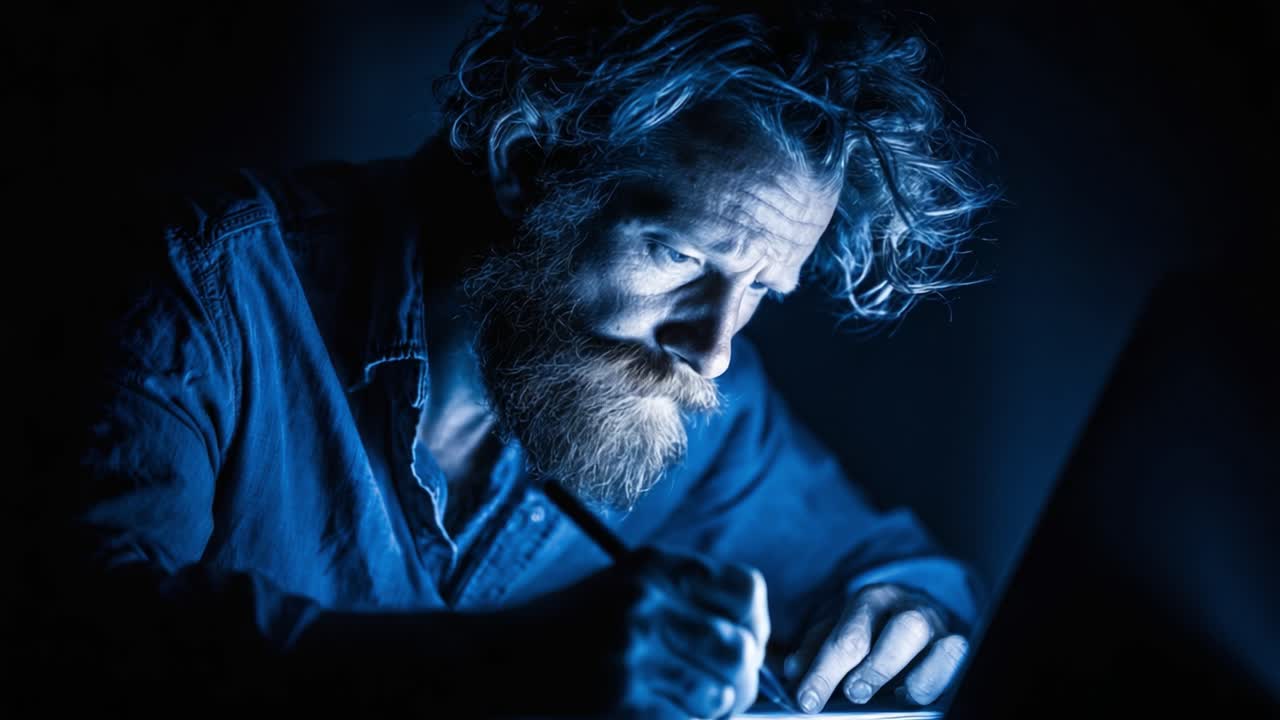 Un Artiste Concentré au Travail : Capturant l'Énergie Intense de la Création Alors qu'un Homme, Plongé dans ses Pensées, S'Adonne à son Art dans un Environnement Faiblement Éclairé.
