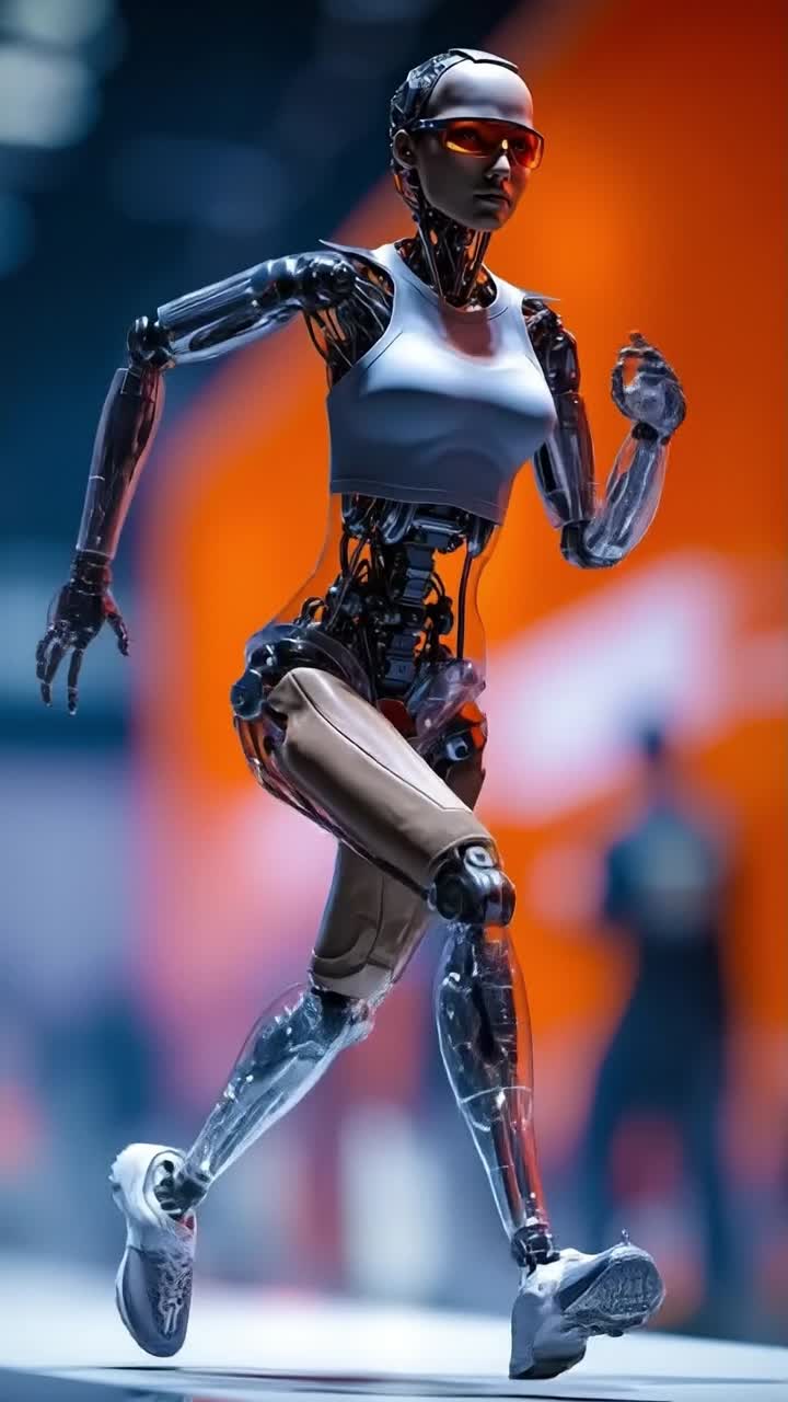 Athletic female cyborg in sports gear running or posing in futuristic environment