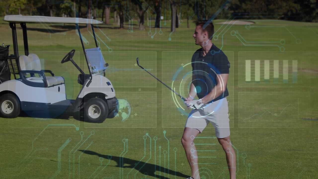 Man playing golf with digital data processing animation over green field