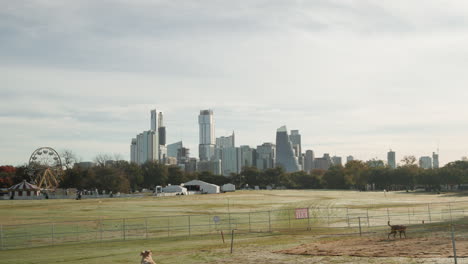 Downtown-Austin,-Texas-city-skyline-from-Zilker-park-with-dogs-running-fetch-ball-in-foreground
