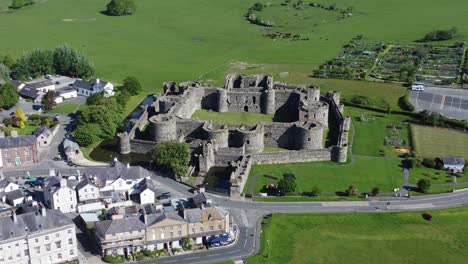 sunny touristic beaumaris castle town aerial view ancient anglesey fortress landmark zoom in