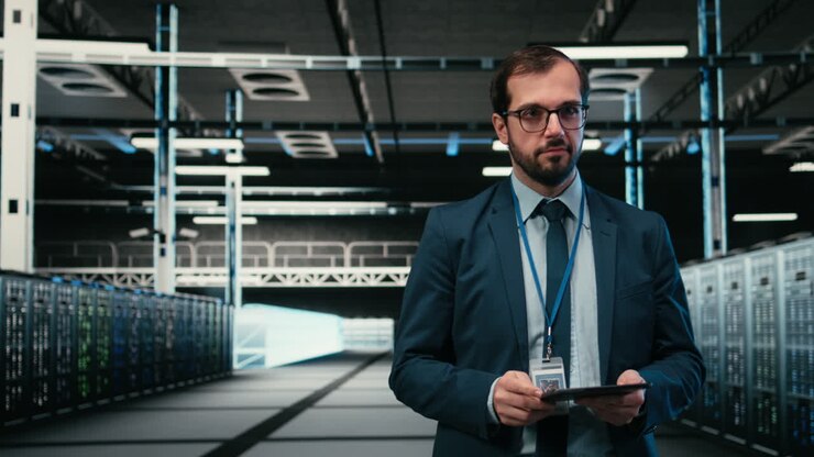 It-professionel bruger tablet i moderne datacenter