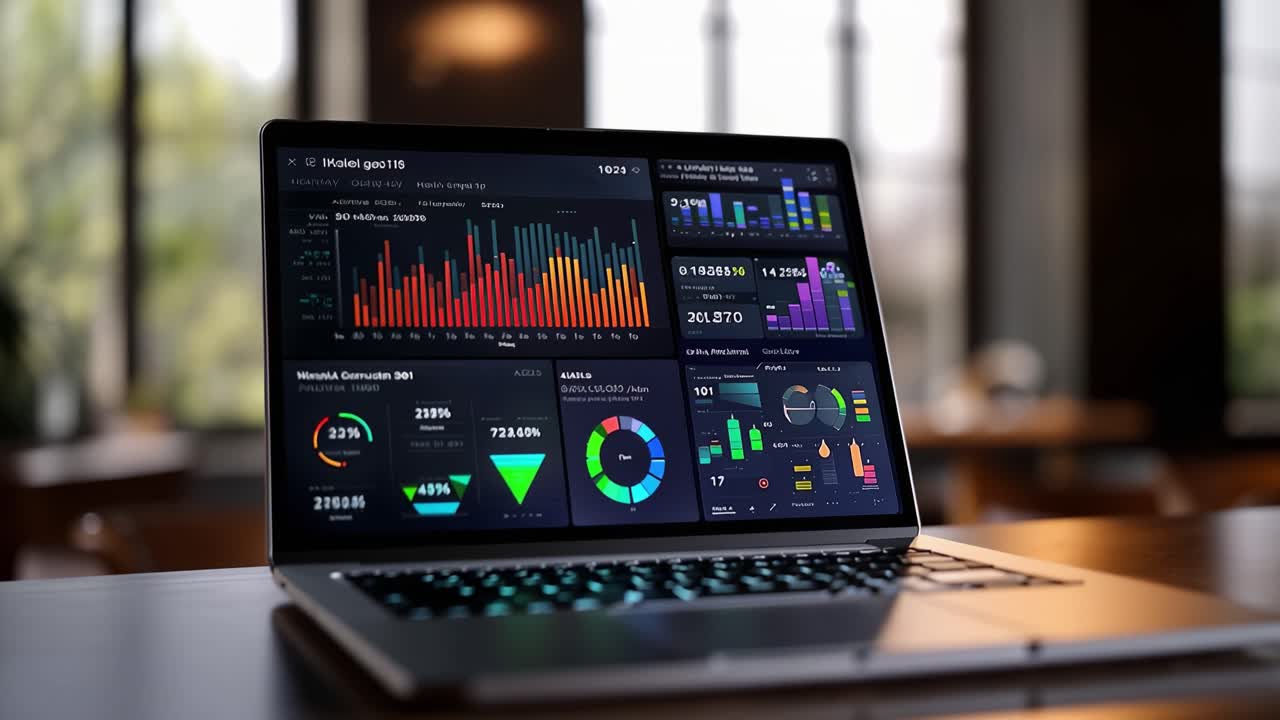 A Comprehensive Digital Dashboard Displaying Colorful Charts, Graphs, and Analytics on a Laptop in a Modern Workspace Setting with a Coffee Cup