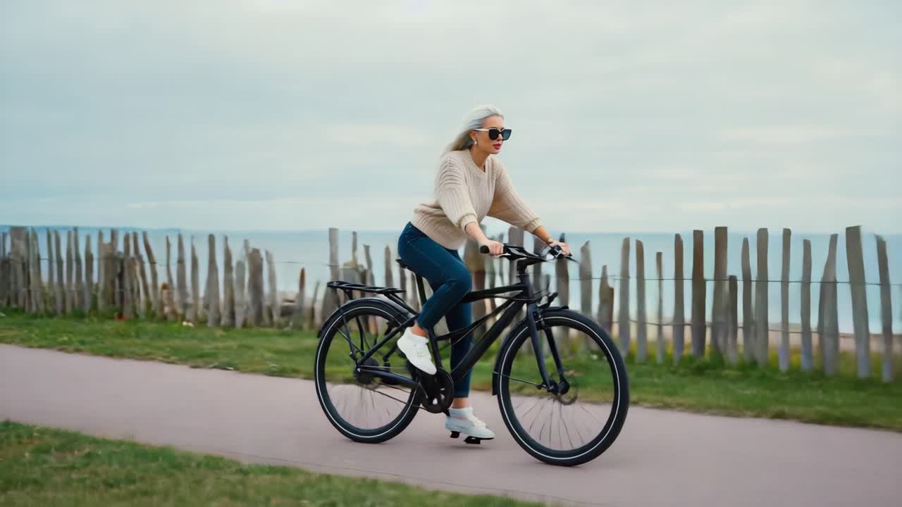 Woman cycling on a beach path