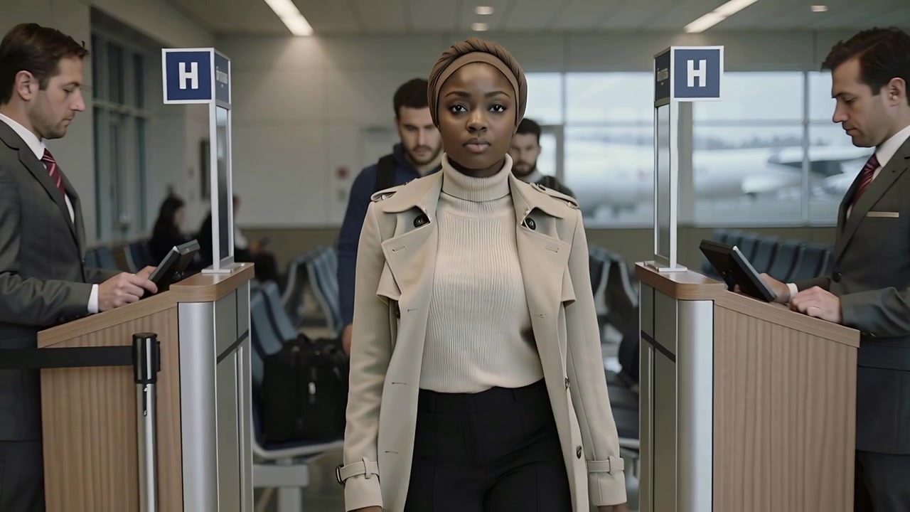 Grabbing black carry-on, woman in beige trench coat headwrap walking toward boarding at gate H