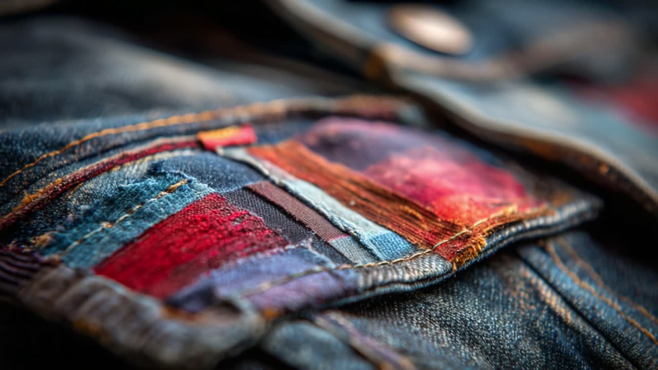 Close-Up of Colorful Denim Patchwork on a Stylish Jacket Showcasing Unique Fabric Details and Textures, Perfect Example of Modern Fashion Design and Craftsmanship