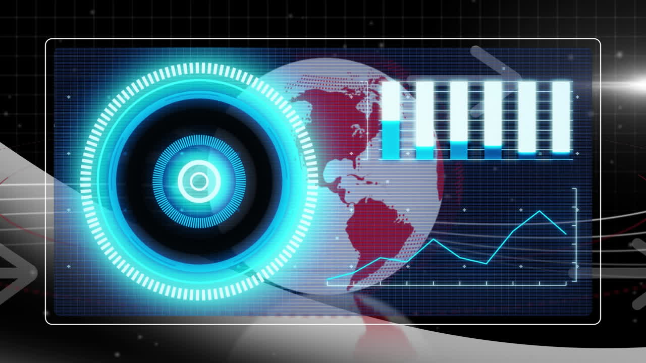 Animação de processamento de dados sobre o globo e setas.