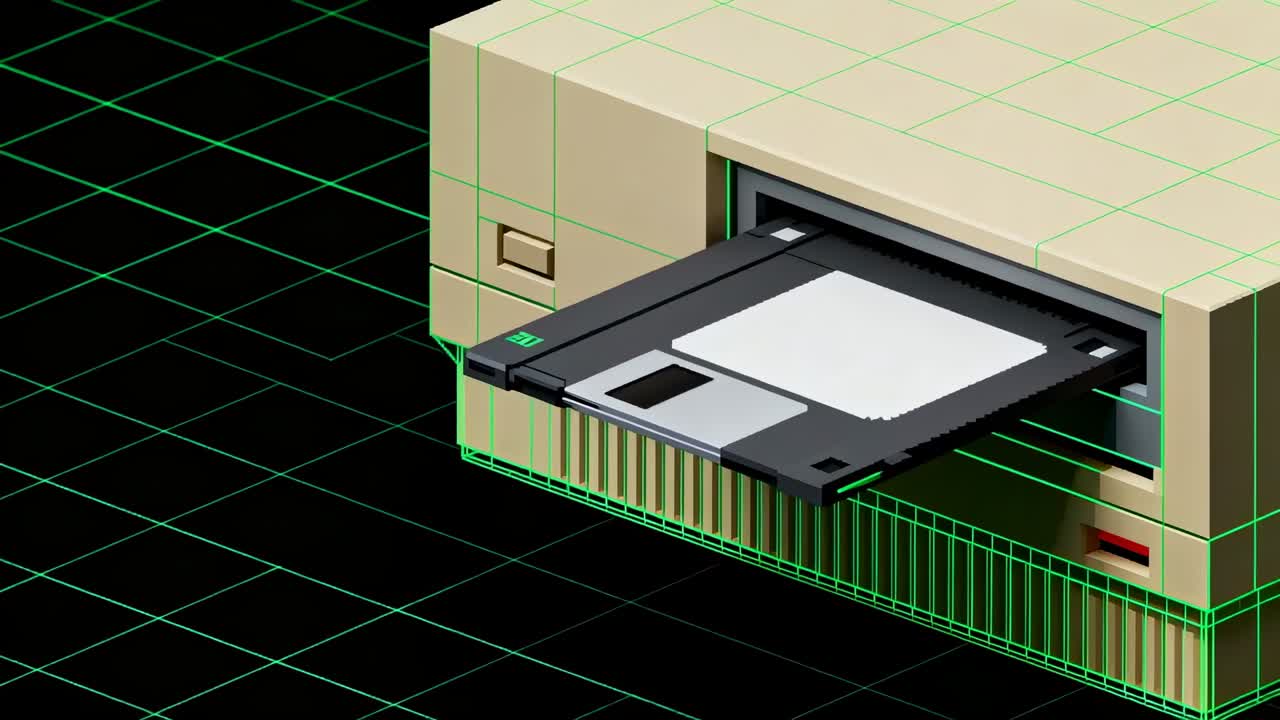 Indsætter sort diskette i diskettedrevet og forsegler den i en beige computer på et neongrønt net