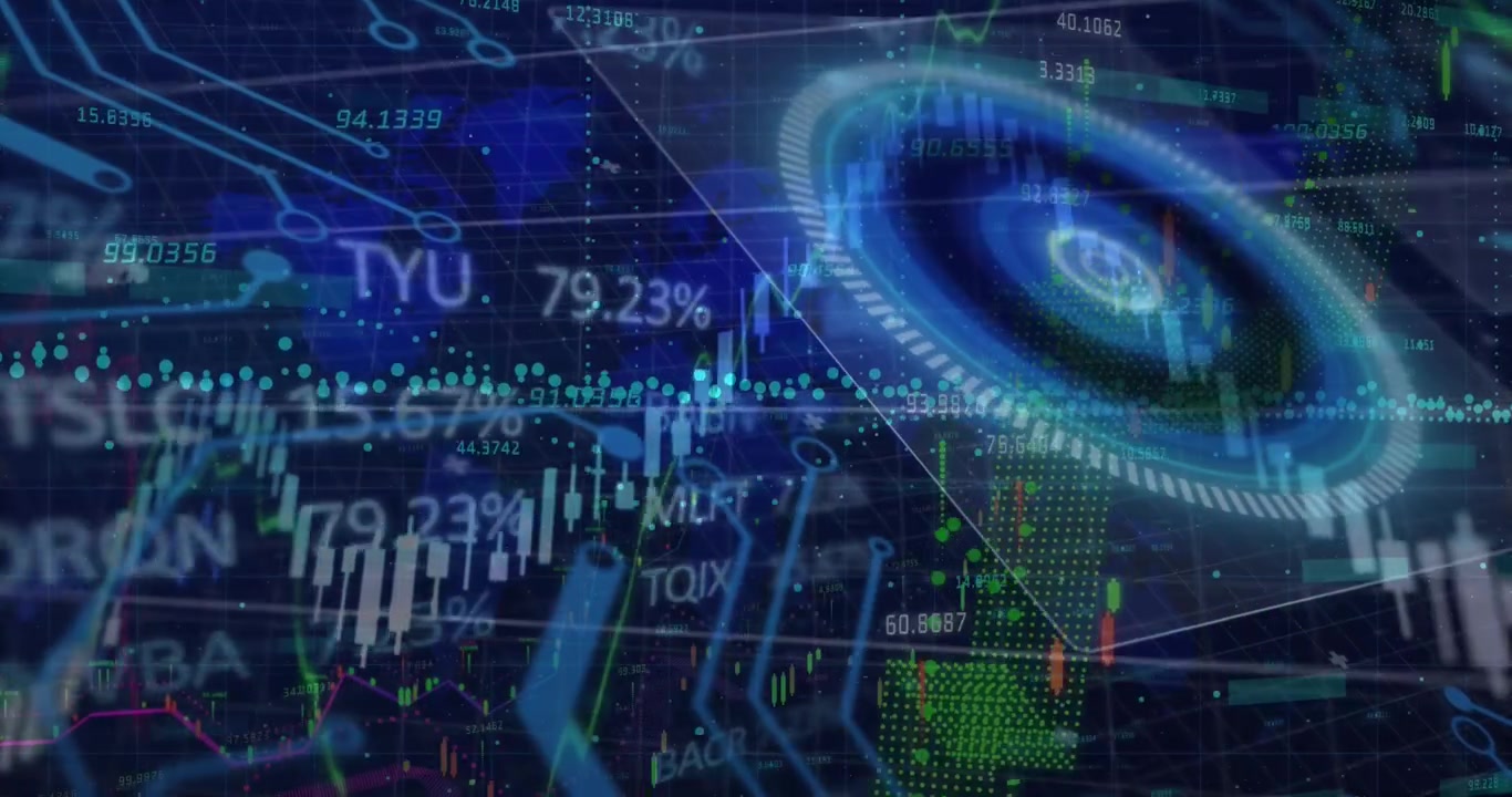 The video shows a digital interface with global technology connections and communication