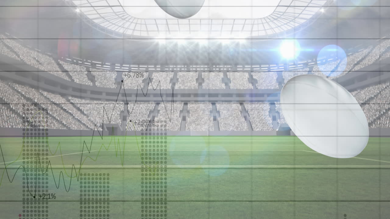 Animation of falling rugby balls with graphs and data processing over sports stadium