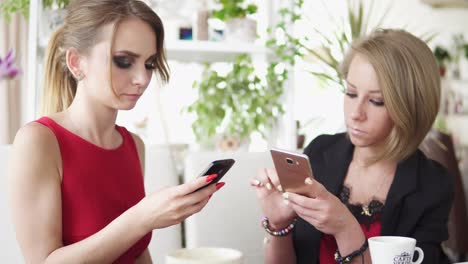 Two-young-girlfriends-using-smartphone-and-talking-in-cafe-and-drinking-coffee.-Shot-in-4k