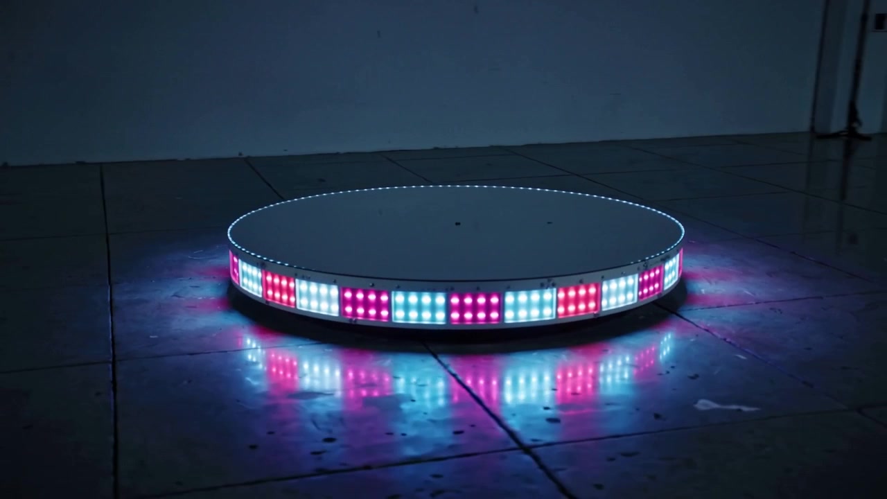 Una piattaforma LED accesa pulsa ed emette riflessi magenta, ciano e bianchi su un pavimento piastrellato in uno studio.