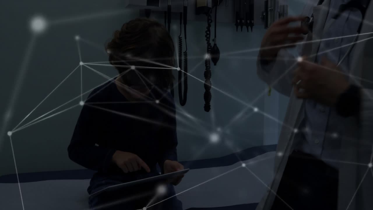 Doctor placing stethoscope on chest after tablet tap, palpating shoulders and assessing neck health