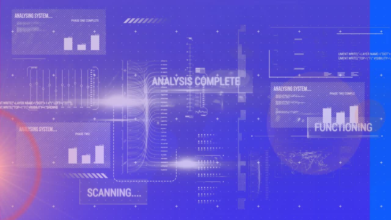 Animation of data processing and light trails on blue background