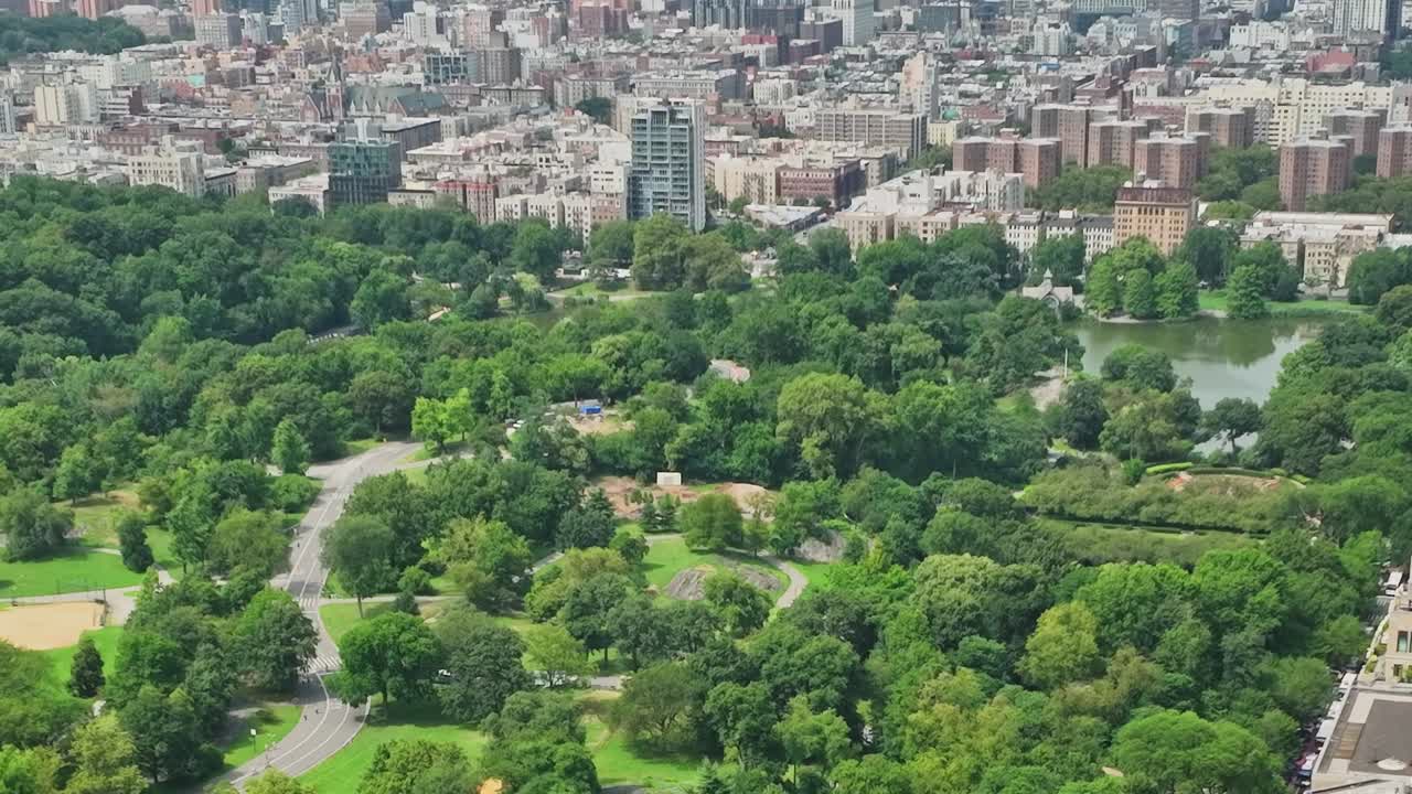 Aerial view of greenery and buildings in New York City during summer