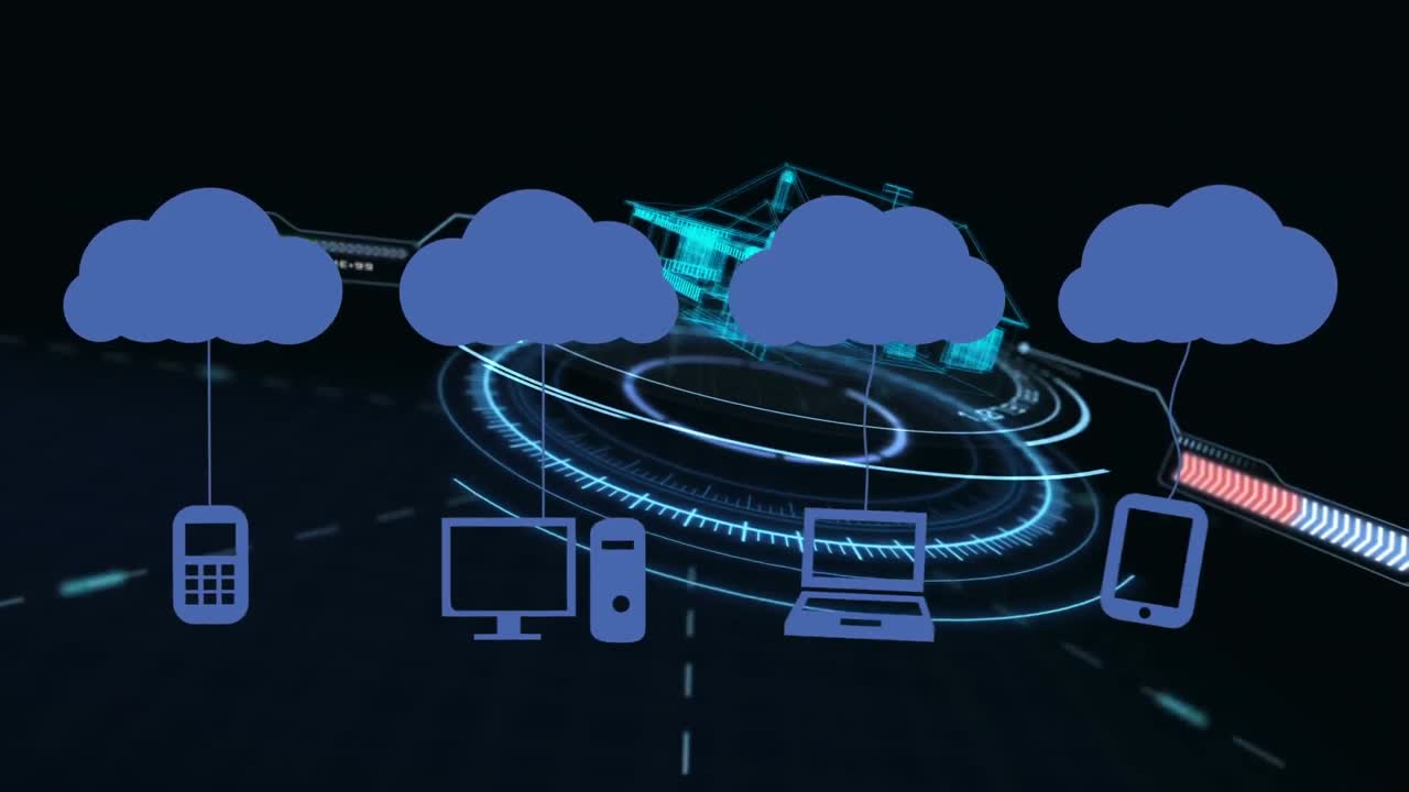 Animation of clouds with icons over digital model of house