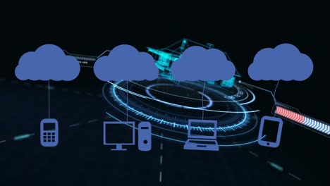 animation of clouds with icons over digital model of house