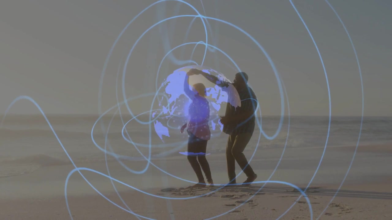 Vertical video: Man reaching for woman's hand, sparking tech globe over hands connecting, walking