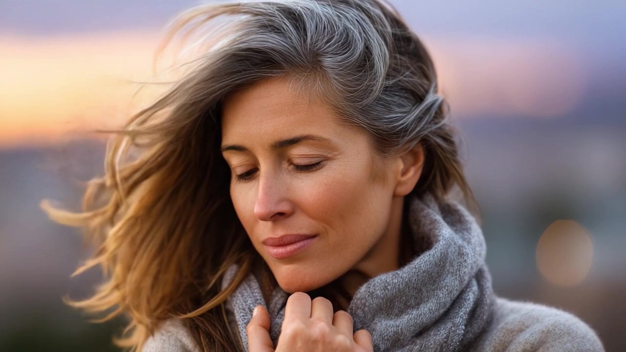 Momento Contemplativo: Una Donna Serena con Capelli Fluttuanti, che Guarda Pensierosa in una Brezza Leggera Mentre il Tramonto Crea un'Atmosfera Calda e Sognante Intorno a Lei