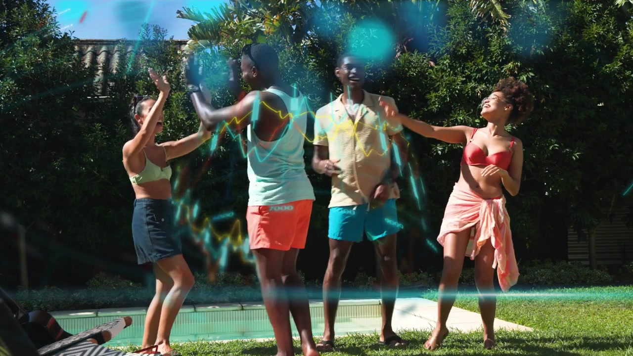 Group dancing by pool to offscreen music center stepping forward audio pulsing with moves for ads