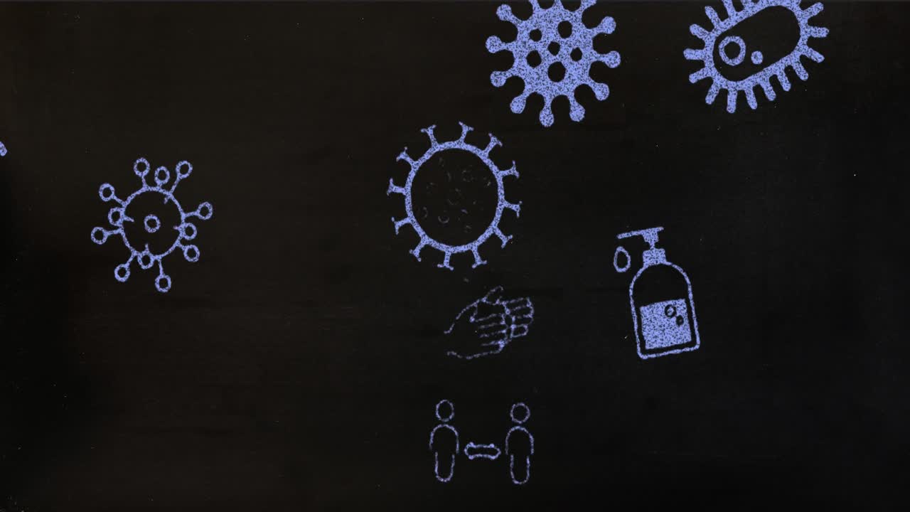 iconos del concepto de coronavirus que se mueven contra un fondo negro