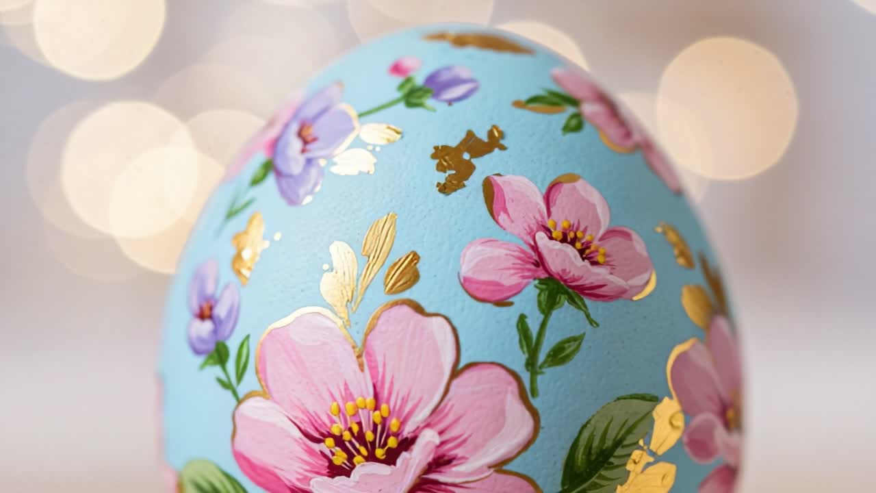 Uovo di Pasqua dipinto a mano con design floreale, che mette in mostra fiori delicati e accenti dorati su uno sfondo bokeh tenue