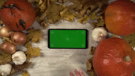 smartphone is laying at the table and woman taps, package gesture the green screen