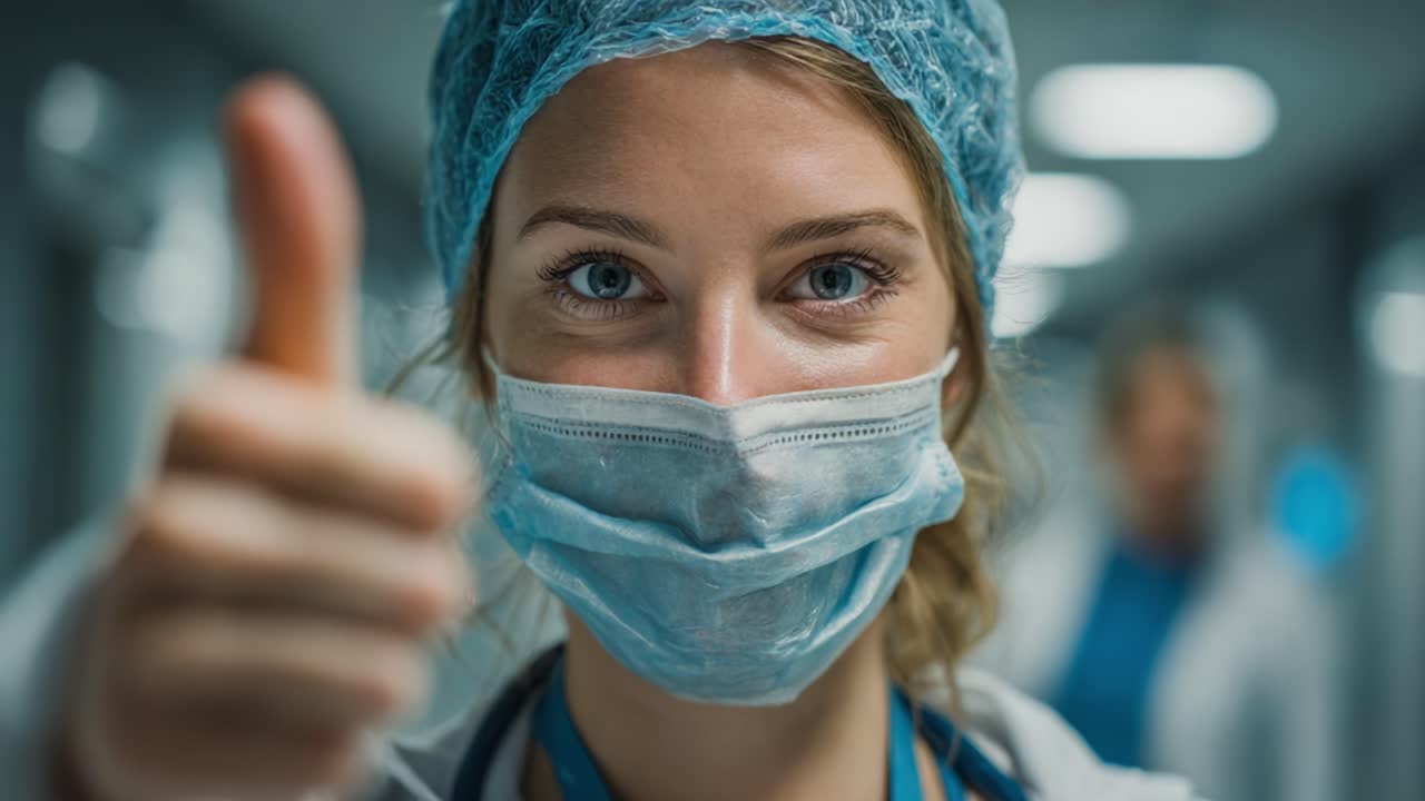 Un professionista medico sicuro di sé fa un gesto di approvazione in un ambiente ospedaliero, mostrando positività e incoraggiamento tra le sfide dell'assistenza sanitaria