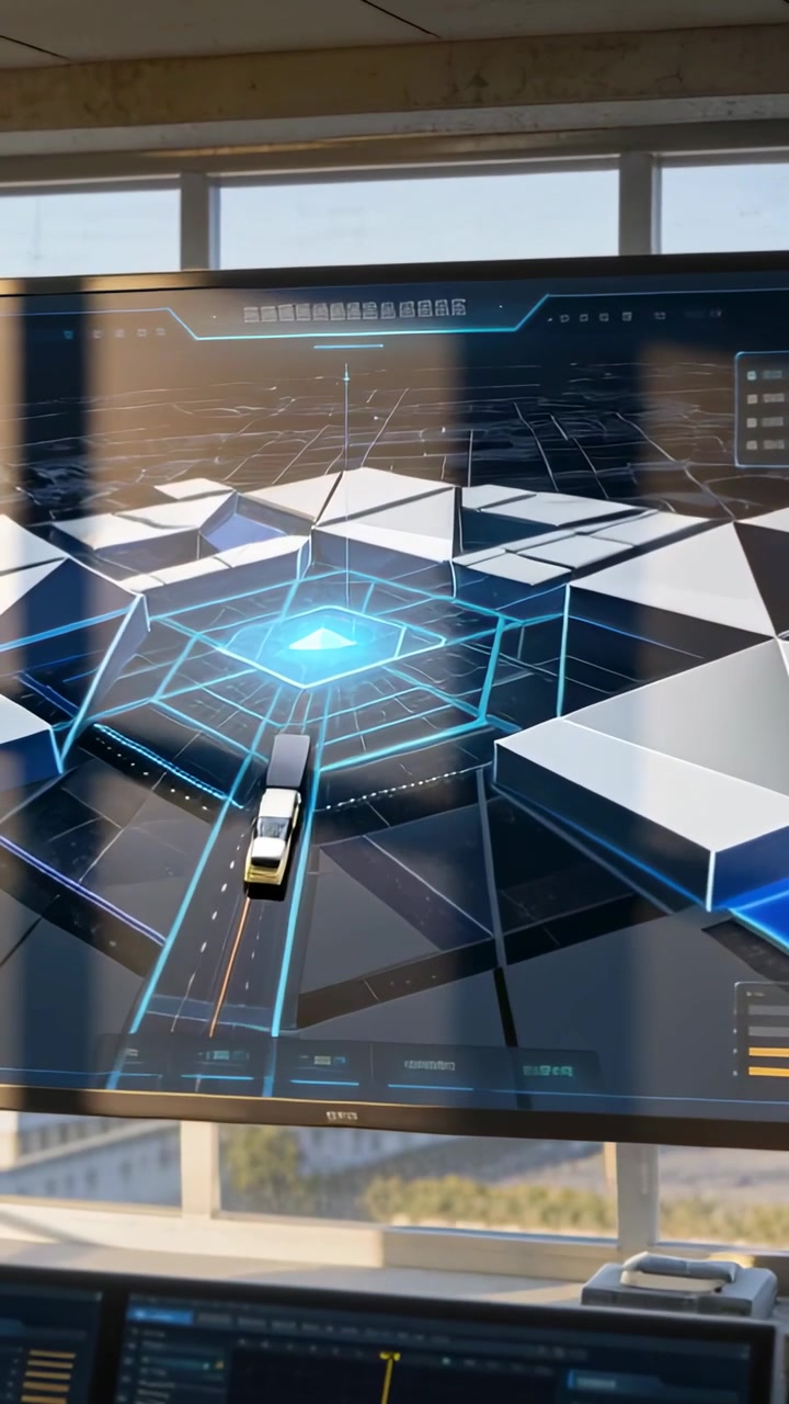 Video verticale: Animazione iniziale, monitor a parete che mostra un veicolo che si muove verso un hub luminoso alla console.