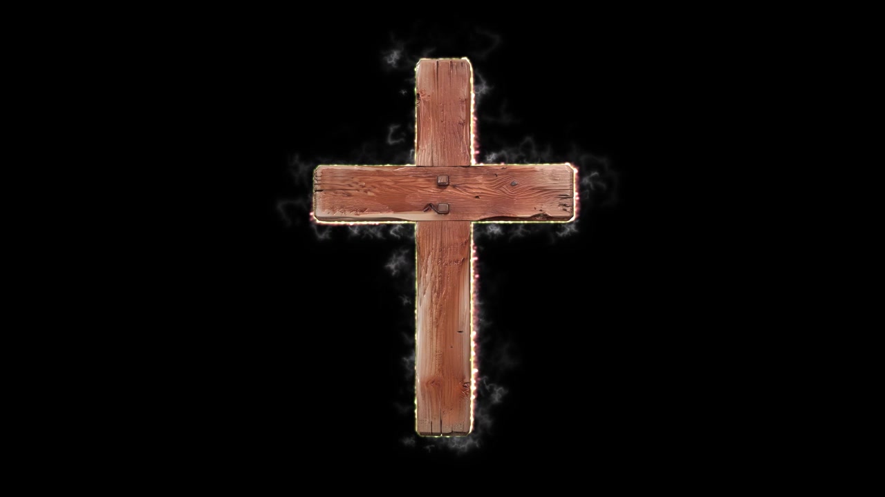 Detailed 3D weathered wooden Christian cross design 09, with aged wood grain, worn edges, rustic texture, and subtle smoky VFX surrounding it on a black background. Christianity, faith, religion.
