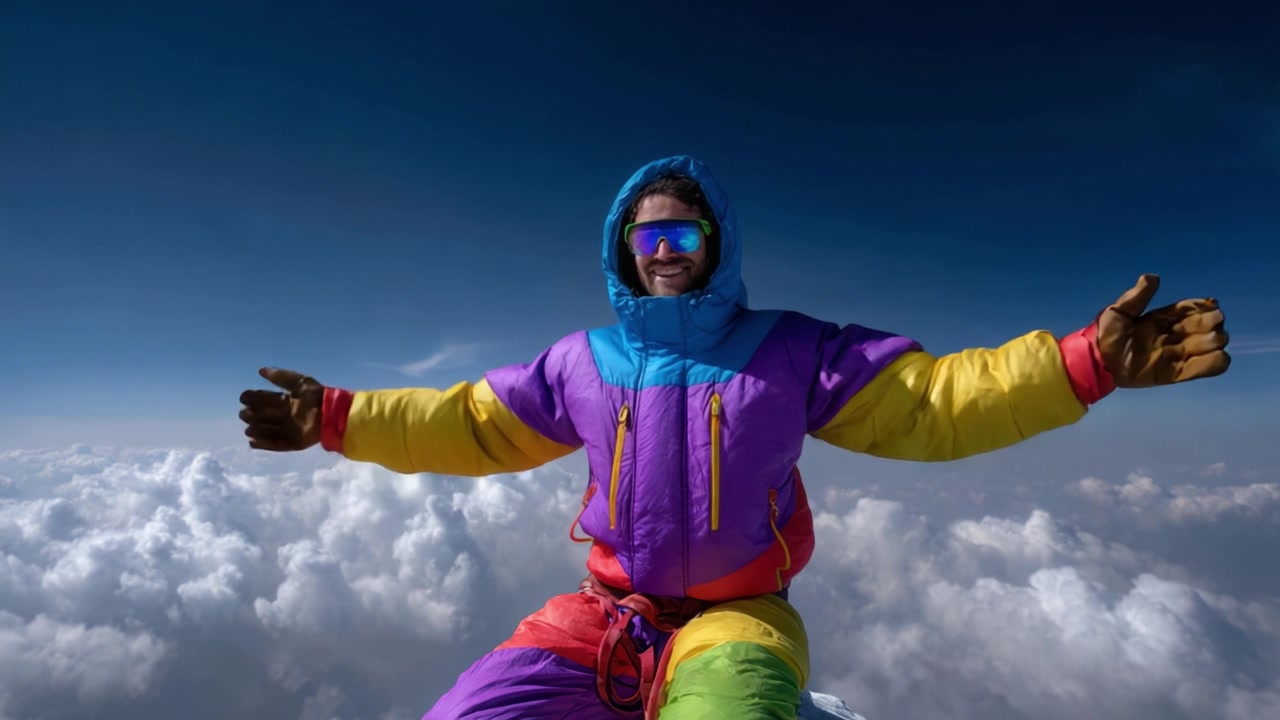 Un alpiniste joyeux célèbre au sommet du monde, vêtu d'un équipement coloré vibrant, se prélassant dans la gloire de son exploit et d'un paysage alpin époustouflant sous un ciel bleu clair.