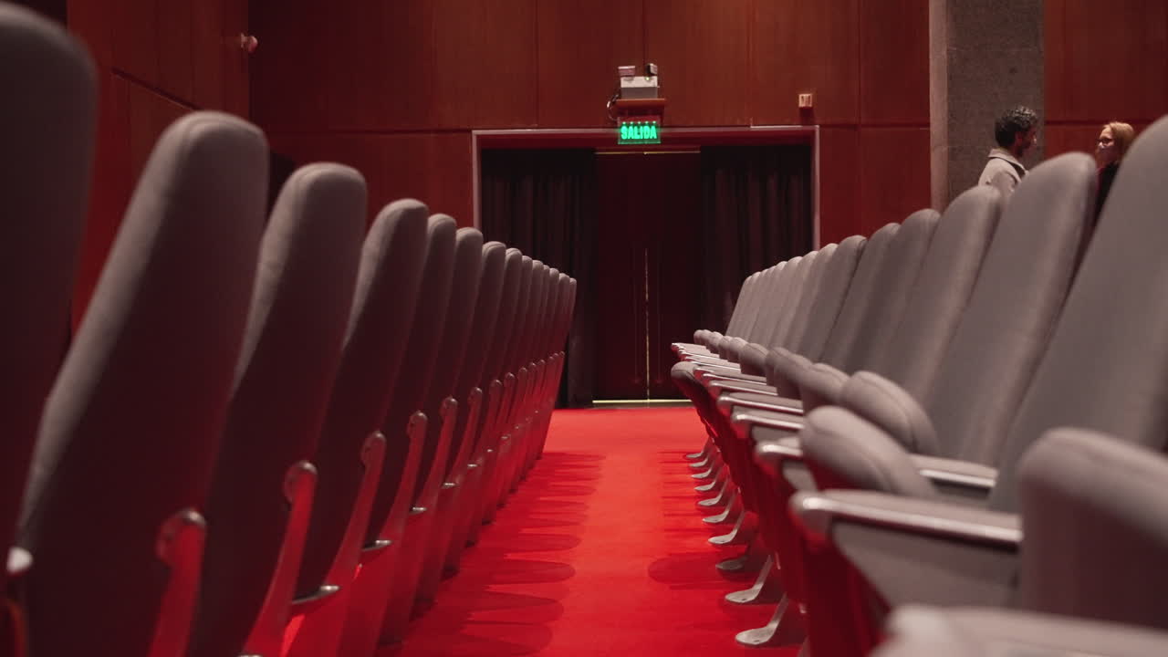 Auditorium vuoto con file di sedili e tappeto rosso.