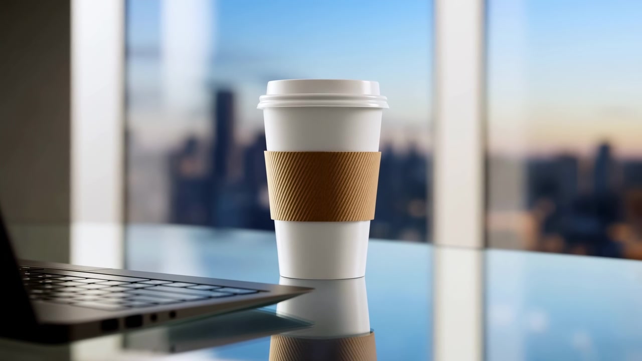 Una tazza di caffè usa e getta rimane su un tavolo lucido vicino a un laptop aperto, mentre la luce del giorno filtra attraverso la finestra, mostrando uno skyline urbano sfocato, toni neutri, riflessi e un ambiente di lavoro interno tranquillo.