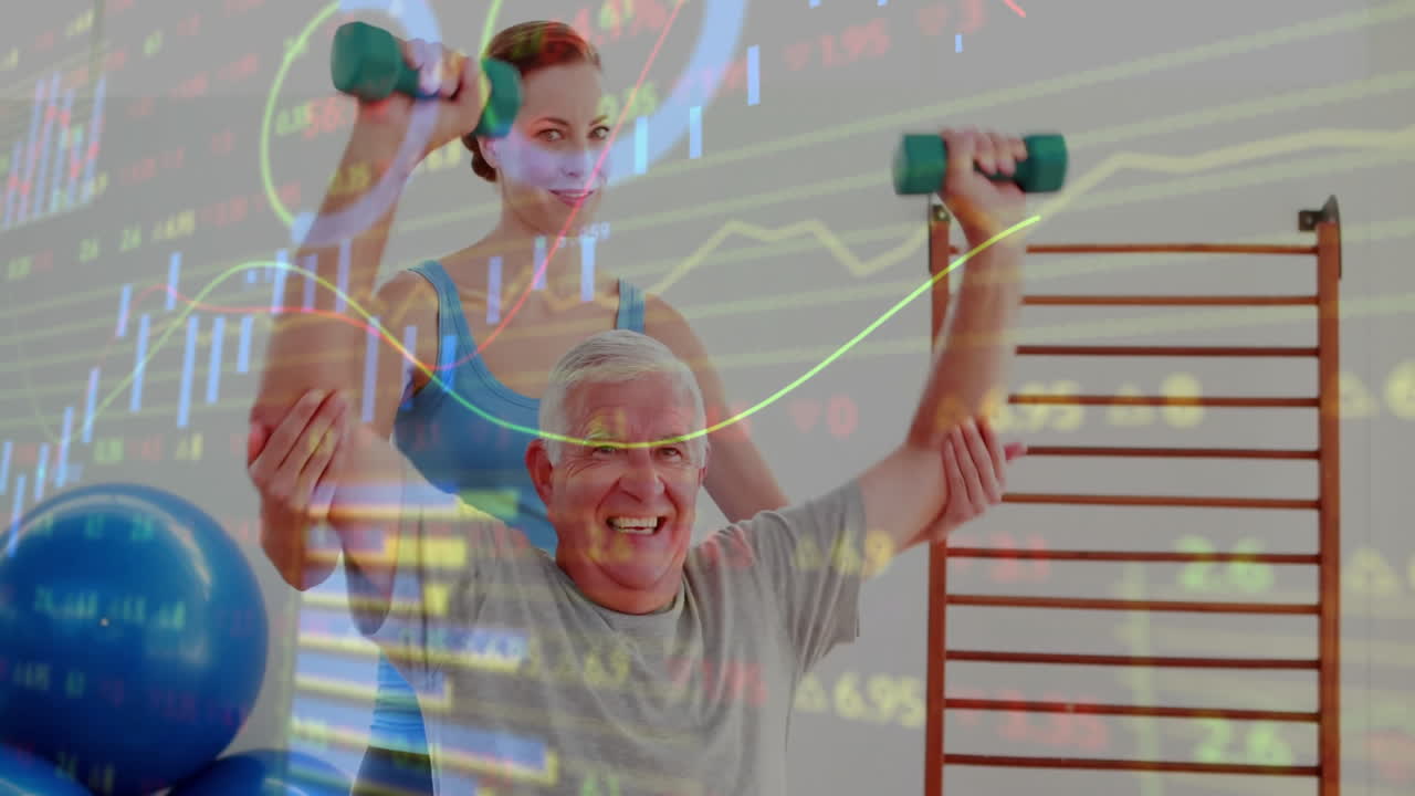 Senior man lifting dumbbells in gym, trainer guiding arms, with animated stock charts