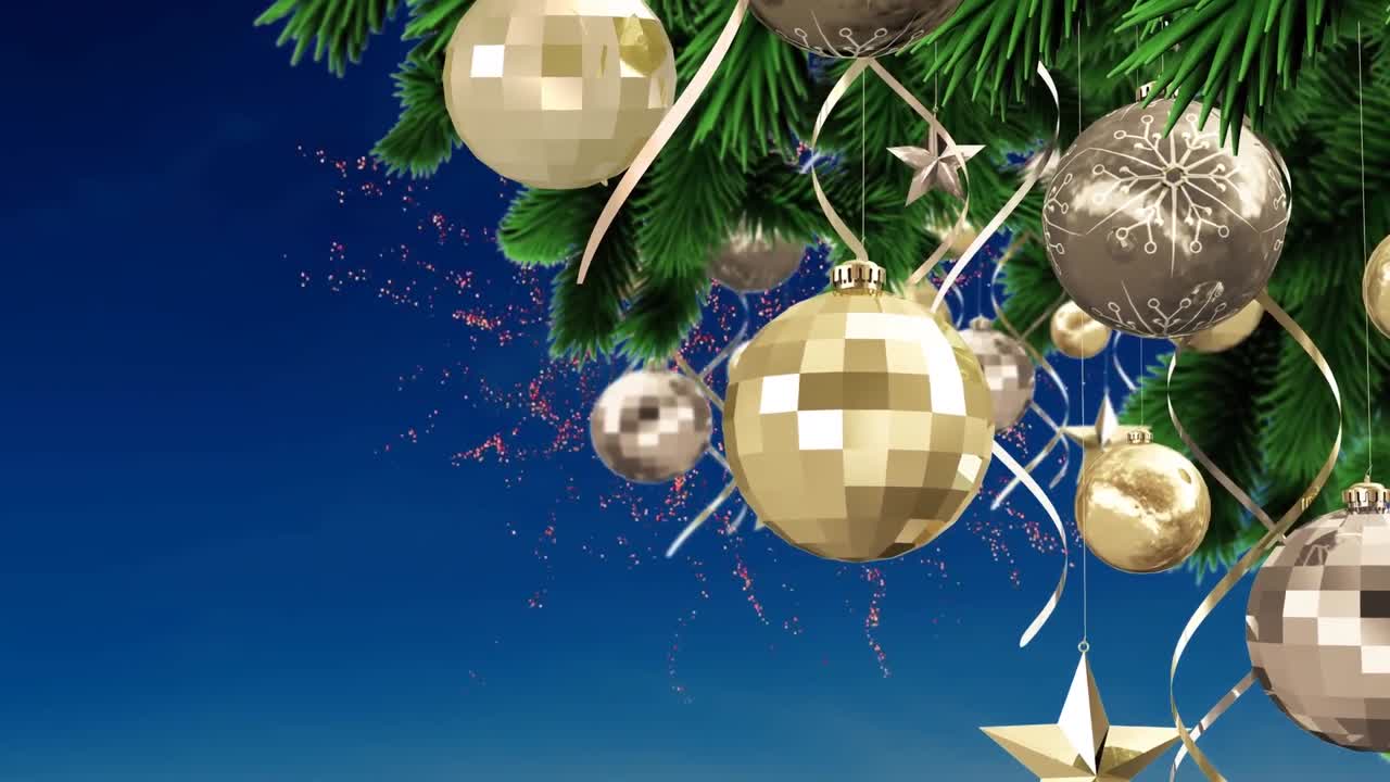 animación de decoraciones navideñas sobre fuegos artificiales en fondo oscuro