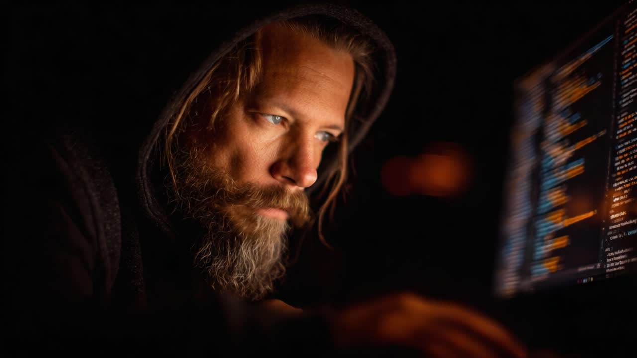 A Contemplative Programmer Delving Into Code in a Dimly Lit Environment, Capturing the Intensity of Focus as He Navigates Lines of Programming Syntax