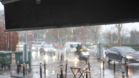 rainy city street view from a shop