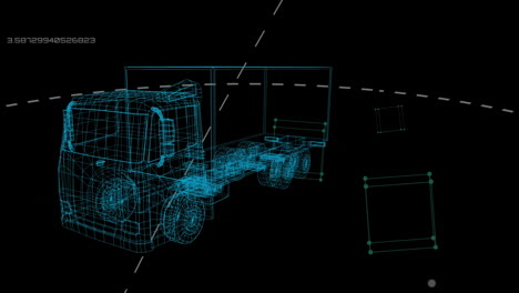 animación de un modelo 3d de camión girando con procesamiento de datos
