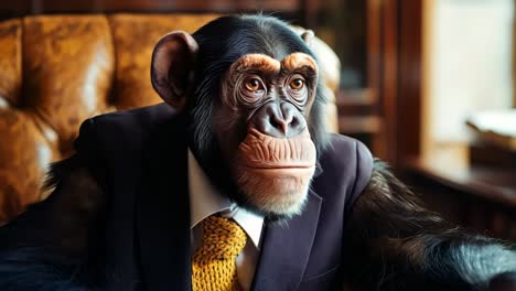 a chimpanzee sitting at a table with a cup of coffee