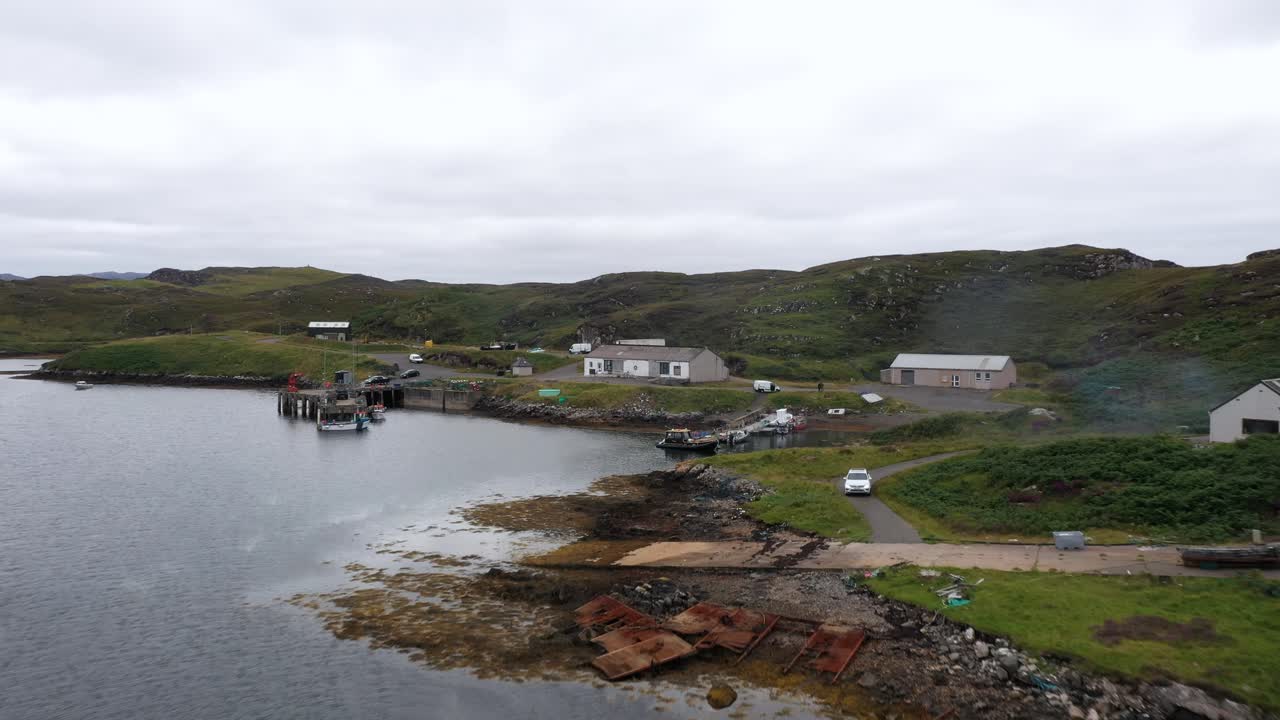 Drone shot of Black Bay Studio on Bernera on an overcast summer day